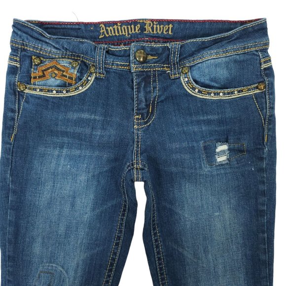 Antique Rivet Jeans BootCut Western Low Rise Sz 29 Rhinestone Stretch Distressed - Picture 10 of 14